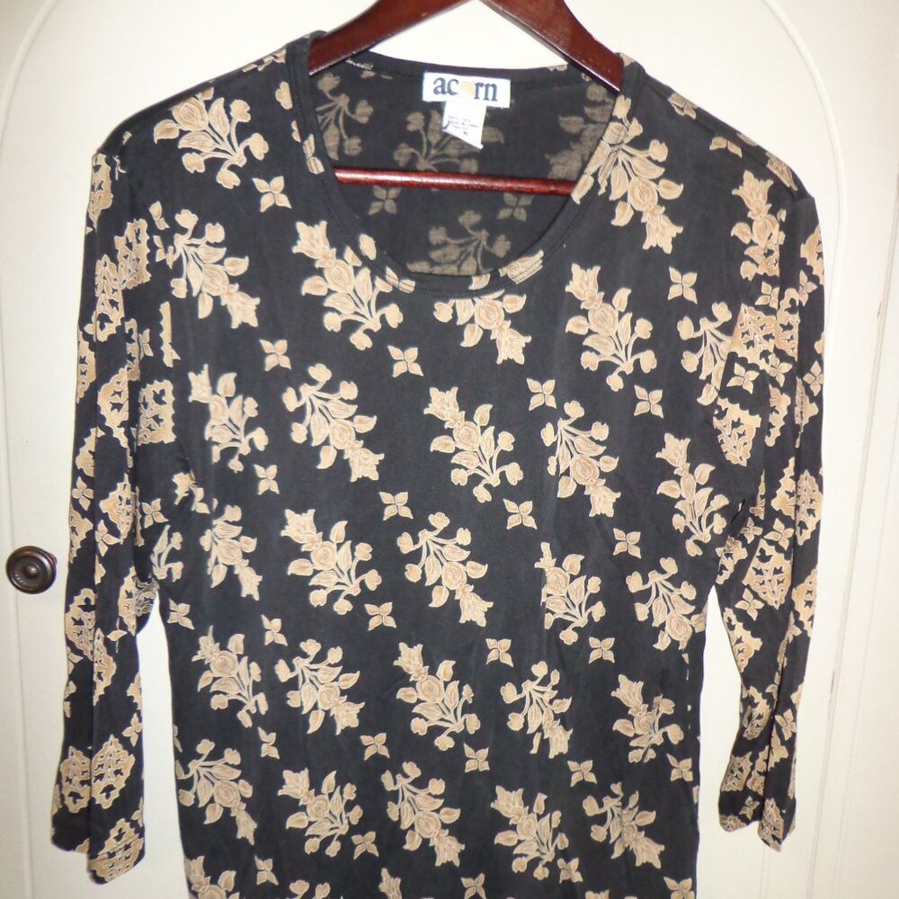 Acorn Blouse Top M 100% Silk 3/4 Sleeves Black Multi